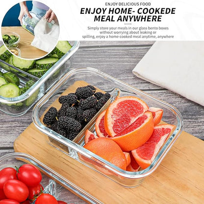 KOMUEE 10 Packs 30 oz Glass Meal Prep Continers Set with 1 & 2 Compartments, Glass Food Storage Containers with Lids, Freezer, Oven and Microwave Friendly