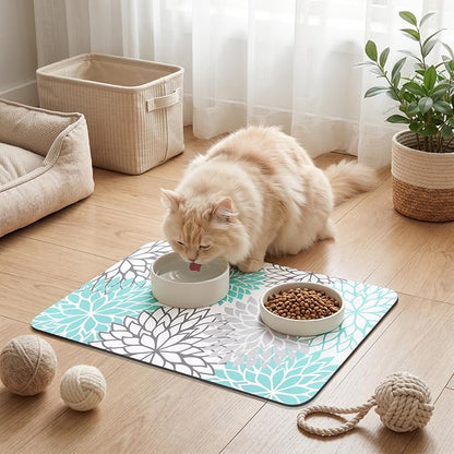 Findosom 2PCS 12" x 20" Dish Drying Mat & 24" x 5.5" Sink Splash Guard, Super Absorbent & Cuttable Dish Mat Drying Kitchen Mat with Teal Floral, Hide Stain Drying Mat for Kitchen Counter
