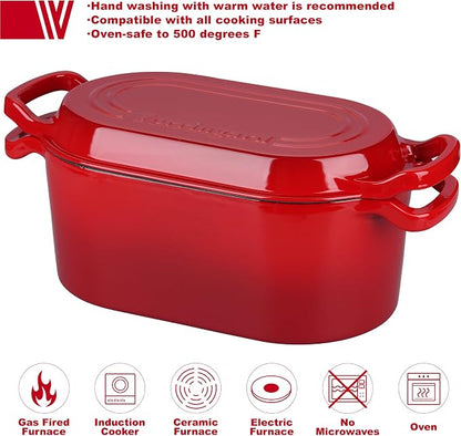 VORRINGARD Oval Dutch Oven Pot with Lid, Enamel Coating Cast Iron Bread Pans for Homemade Sourdough Bread Baking, Cooking, 4 Quart, Red