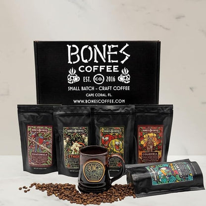 Bones Coffee Company NEW World Tour Sample Pack Box Set with Specialty Coffee Mug, 5 Assorted Single-Origin Low Acid Medium Roast Arabica Beans Flavored Coffee Gifts, 4 oz Pack of 5 Ground