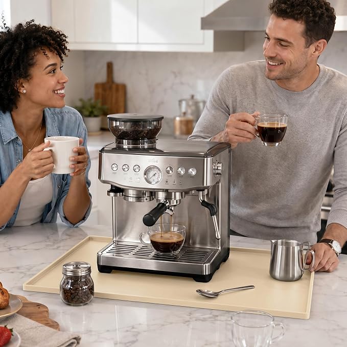 Golener Silicone Coffee Mat - 24" x 16" Coffee Bar Mat for Countertop with Raised Edges, Kitchen Station Pad, Accessories Fit Under Coffee Machine, Waterproof Dish Drying Mat, Heat Resistant, Beige