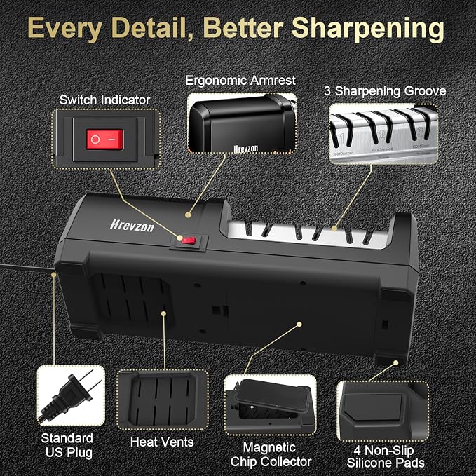 Knife Sharpener Electric for Kitchen Knives, with 100% Diamond Abrasives and Precision Angle Guides, 3-Stage Professional Automatic Quickly Sharpening/Polishing