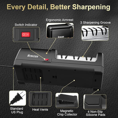 Knife Sharpener Electric for Kitchen Knives, with 100% Diamond Abrasives and Precision Angle Guides, 3-Stage Professional Automatic Quickly Sharpening/Polishing