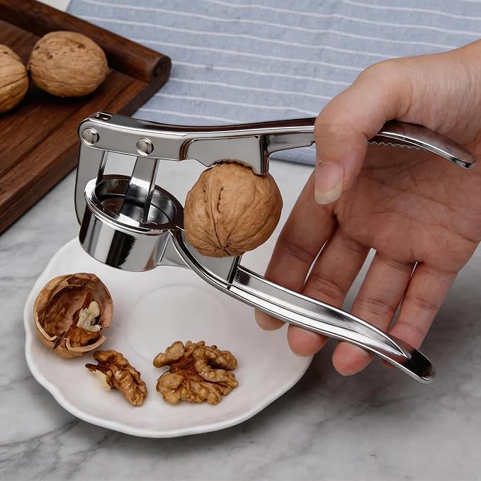 Multi-Purpose Garlic Press Nut Cracker Kitchen Tool, Large Caliber Thickened Zinc Alloy Mincer Squeezer, Precise Holes for Fine Paste, Dishwasher Safe with Peeler & Cleaning Brush (Silver - 3set)