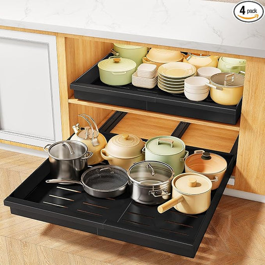 Pull out Cabinet Organizer, 4-Pack Expandable(13.6"-24") Silde out Drawers with Raising Pad for Framed Cabinets, Adjustable Full-Extension Roll out Shelves for Kitchen Pantry Home Pot and Pan(Black)