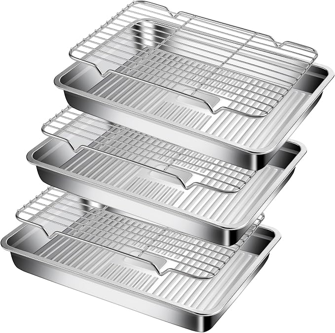 GIUOIDUO Stainless Steel Baking Tray with Grill,(3 trays and 3 grills), for Baking, Cooling Cookies or Bacons, Ovens and Dishwashers Safe, Heat Evenly, Durable Cookie sheet