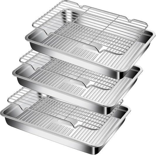GIUOIDUO Stainless Steel Baking Tray with Grill,(3 trays and 3 grills), for Baking, Cooling Cookies or Bacons, Ovens and Dishwashers Safe, Heat Evenly, Durable Cookie sheet