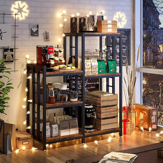 METYERRY 6-Tier Adjustable Mini Fridge Cabinet with Power Outlet,Kitchen Bakers Rack with Storage,Mini Fridge and Microwave Stand,Coffee Bar, Free Standing Shelf for Kitchen, Home Office,Rustic Brown