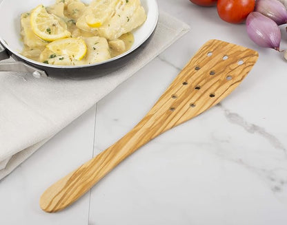 Eddington Italian Olive Wood Wide Pierced Spatula, Handcrafted in Europe, 12.5-Inches