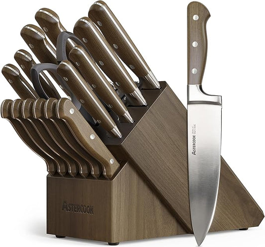 Astercook 17-Piece Knife Block Set with Built-in Sharpener, German Stainless Steel Full Tang Kitchen Knives, Ergonomic Walnut Handle Cutlery Set for Home Cooking & fathers day gift for Dad