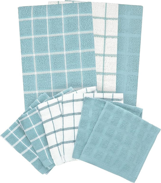 Ritz Premium 3-Pack Kitchen Towel & 6-Pack Dish Cloth Set - Highly Absorbent, Super Soft, Long-Lasting, 100% Cotton Terry Drying Cleaning Cloths, Dew