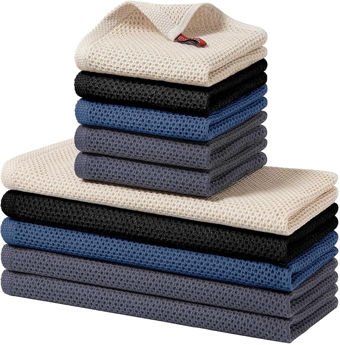 Homaxy 100% Cotton Kitchen Towels and Dishcloths Set, 12 x 12 Inches and 13 x 28 Inches, Set of 10 Bulk Kitchen Towels Set, Ultra Soft Absorbent Dish Cloths for Washing Dishes, Grey/Beige/Blue/Black