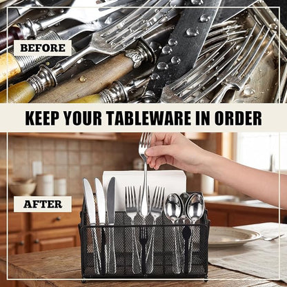 Utensil Caddy for Party, Utensil Organizer Silverware Caddy, 4 Compartment Metal Cutlery Organizer, Fork Spoon Napkin Plate Basket for Kitchen Countertop Buffet Outdoor BBQ Camping Picnic