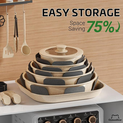 26 Pcs Pots and Pans Set Non Stick, Ceramic Cookware Set Non Toxic with Detachable Handles, Healthy Induction Cookware Oven Safe RV Kitchen Set, PFAS PFOA & PTFE Free, Taupe