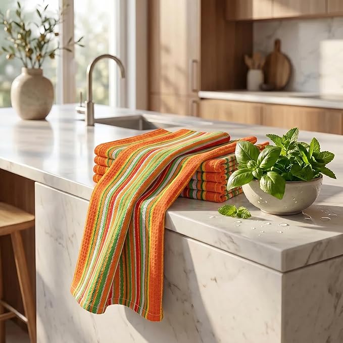 Urban Villa Kitchen Towels Waffle Stripes Dish Towels for Kitchen Orange Waffle Set of 6 Kitchen Towels Highly Absorbent 100% Cotton Over Sized 20X30 in with Mitered Corners Kitchen Hand Tea Towels