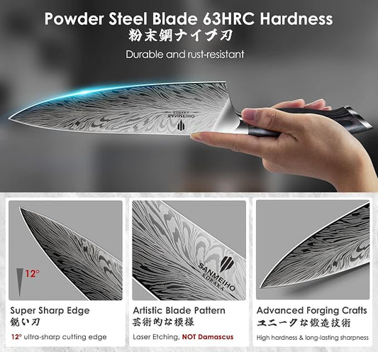 16 Pieces Knife Set, Knife Block Set in Powder Steel, Ultra Sharp Kitchen Knives Set, High Hardness Japanese Knife Set with Ergonomic Pakkawood Handle, Chef Knives Set for Kitchen Cooking