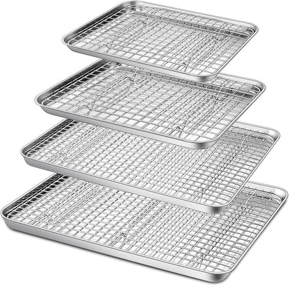 P&P CHEF 16 + 12.5 + 10.4 + 9 Inch Baking Sheet and Rack Set, 8Pcs Stainless Steel Cookie Sheets Oven Baking Pans Trays with Cooling Racks for Cooking, Oven & Dishwasher Safe, Pans with Grid Racks