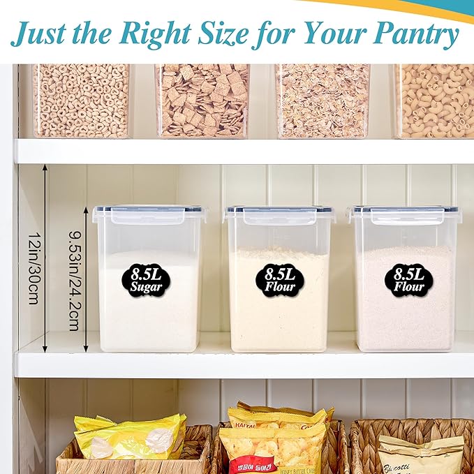 Vtopmart 8.5L 2 Pack Extra Large Flour Sugar Storage Containers, Each for 10lbs flour, Airtight Kitchen Pantry Organization Canisters with Lids for Bulk food, Rice, Baking Supplies, BPA Free, Black