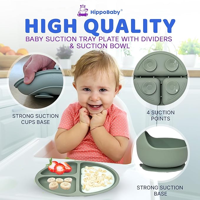 HippoBaby Baby Led Weaning Supplies | 10 Piece Silicone Baby Feeding Set, Baby Toddler Bib Cup Divided Plate and Bowl Self Feeding Spoons Dish Set,Baby Utensils | Toddler Feeding Supplies