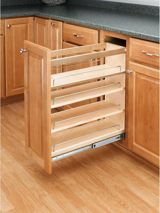 Rev-A-Shelf Maple Pullout Organizer for Full Height Base Cabinets, Full Extension Slides & Adjustable Shelves, Min Opening Width of 8.5", 448-BC-8C