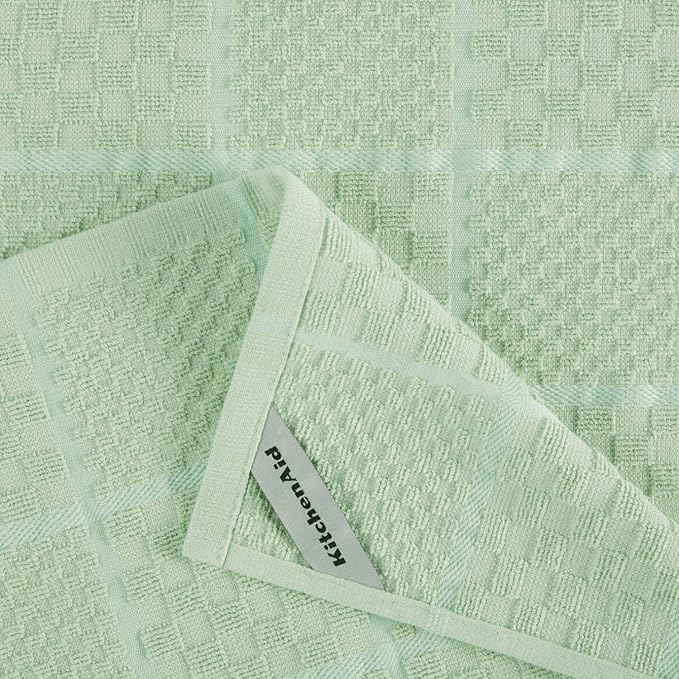 KITCHENAID Quilted Cotton Terry Cloth Oven Mitt, Pot Holder, Kitchen Towel 4-Pack Set, Heat Resistant, Silicone Grip, 16"x26", 7"x13" & 7"x10", Pistachio