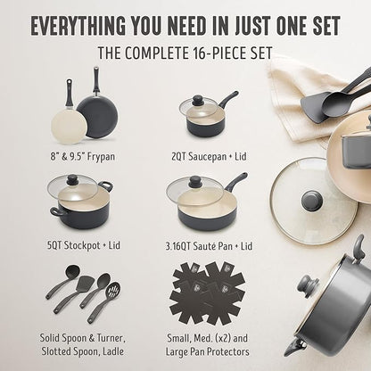 GreenLife 16-Piece Nonstick Cookware Set, Non-Toxic Ceramic Pots and Pans Set, Durable Healthy Kitchen Essentials, Fast Heating, Induction Ready, Easy Clean Dishwasher Safe, PFAS-Free, Graphite Black