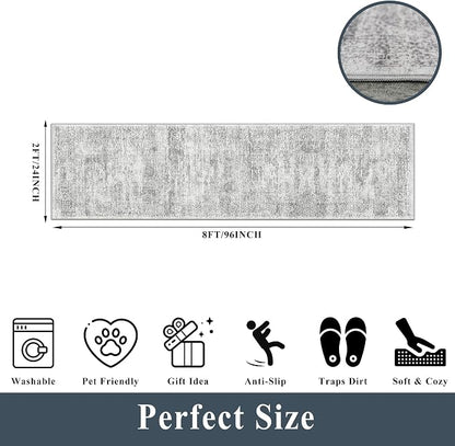 Runner Rug 2x8 Washable Hallway: Non Slip Kitchen Runners with Rubber Backing Vintage Farmhouse Neutral Boho Cream Soft Carpet for Bathroom Bedroom Entryway, Grey/Ivory