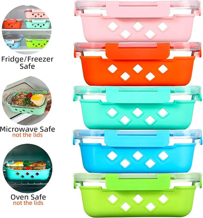 Divided Glass Storage Containers with Silicone Sleeve for Lunch, Glass Meal Prep Containers 2 Compartment with Lids (5 Pack, 34oz), Leak-Proof Portion Control Food Containers, Dishwasher Safe
