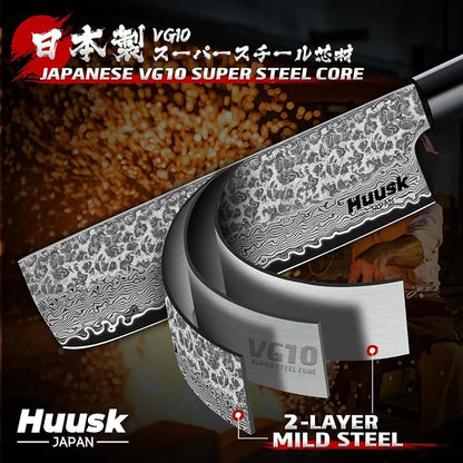 Huusk Japanese Kitchen Knife Set - 3pcs Hand Forged VG10 Damascus Meat Cleaver Boning Knife for Meat Cutting, Nakiri Vegetable Knives, Gyuto Chef Knives Set for Cooking, Fathers' Day Gift for Dad
