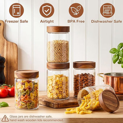 CONNOO 28oz Glass Storage Jars with Wood Lids (6-Pack) – Includes 120 Pre-Printed Waterproof White Kitchen Labels – Airtight Pantry Containers for Rolled Oats, Pasta & Cereals