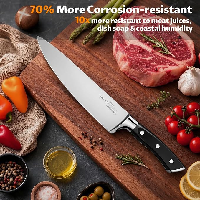 OAKSWARE 8 Inch Chef Knife, Ultra Sharp German High Carbon Stainless Steel Kitchen Knife, Full Tang Forged Professional Cooking Knife with Ergonomic Handle for Meat, Vegetables and Fruit