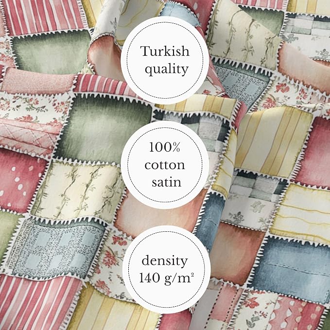 Soft Meadow Patchwork Cotton Fabric Panel, Pastel Floral & Stripe Design, 140 GSM, 61″ × 36.6″ (155 × 93 cm)