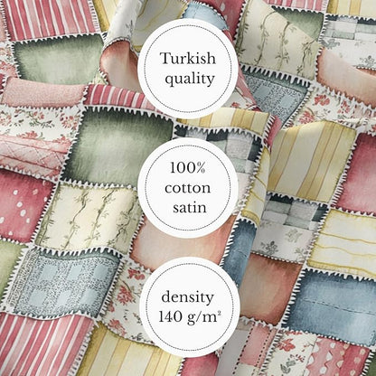 Soft Meadow Patchwork Cotton Fabric Panel, Pastel Floral & Stripe Design, 140 GSM, 61″ × 36.6″ (155 × 93 cm)