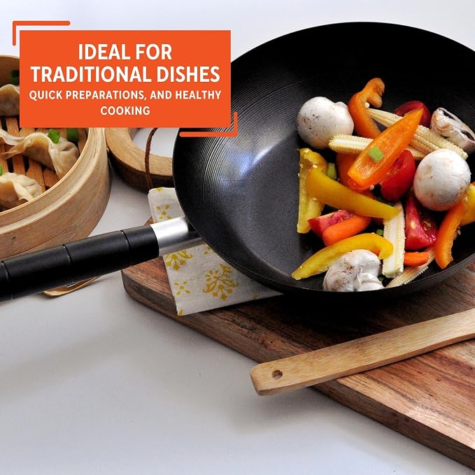 IMUSA Carbon Steel Nonstick Wok 9.5 in Flat Bottom Wok Pan for Electric Stove with Cool Touch Handle, Black Coating, Lightweight Steel Wok for Stir Fry and Fried Rice