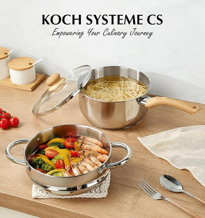 KOCH SYSTEME CS Stainless Steel Saucepan with Steamer Insert, Premium 18/10 Stainless Steel Pot 3 Quart with Cool-Touch Handle, 3 Quart Sauce Pan with Lid, Induction Compatible, Dishwasher Safe