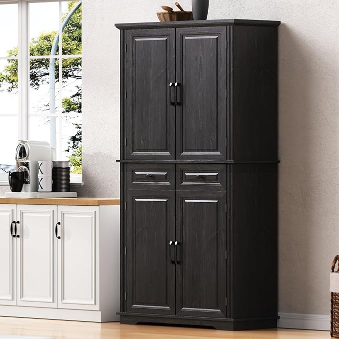 VilroCaz Wooden 71" H Kitchen Pantry with 3 Pull Out Cabinet Organizers, Freestanding Cupboard Storage Cabinet with 4 Doors and 2 Drawers, Farmhouse Embossed Texture Design (Black-5.K)