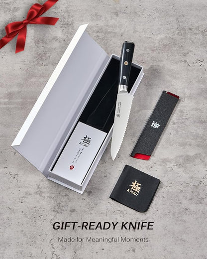 KYOKU 5.5 in. Serrated Utility Knife, Samurai Series Japanese Utility Chef Knife with Pakkawood Handle, German 1.4116 Stainless Steel Full Tang Sandwich Tomato Knife with Protective Sheath & Gift Box