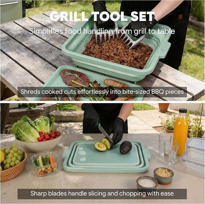Feasto Collapsible BBQ Prep Tubs with Cutting Board, 9-IN-1, 2 Tubs Portable Grill Prep Station with Side Brackets, Lids, Knives, Meat Claws and Drain Rack, Space-Saving for Kitchen & Camping, Green