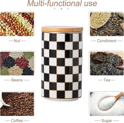 Kitchen Countertop Ceramic Checkered Canisters,Black And White Food Storage Containers With Lid,Airtight Kitchen Canisters for Flour, Sugar, Coffee, Tea, and Dry Goods (Black, Large)