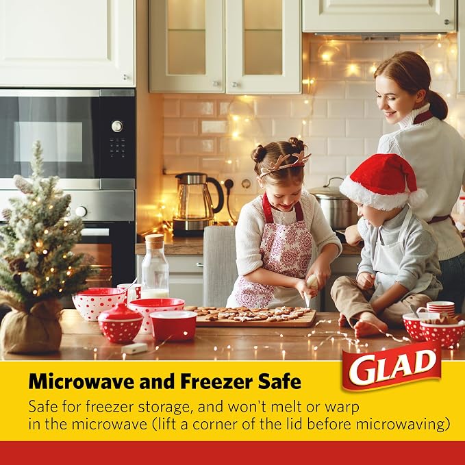 Glad GladWare Holiday Food Storage Containers with Reversible Gift Tags, Large Square BPA Free Plastic for Holiday Cookies and Gifting, Microwave Freezer Dishwasher Safe, 42 Oz, 3 Count