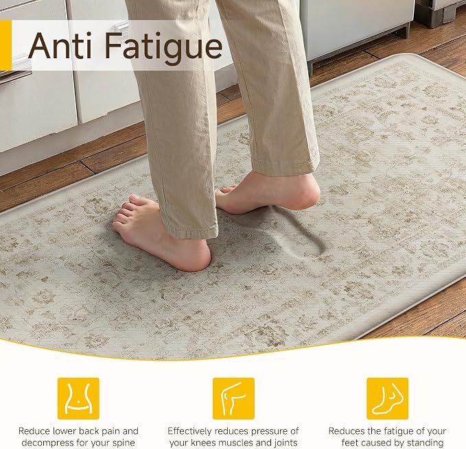 Anti Fatigue Kitchen Mat Beige Neutral Mats for Cushioned Vintage Kitchen Mats for Floor Non-Slip Waterproof Comfort Standing Rug for Sink Laundry Office 17.3"×59"