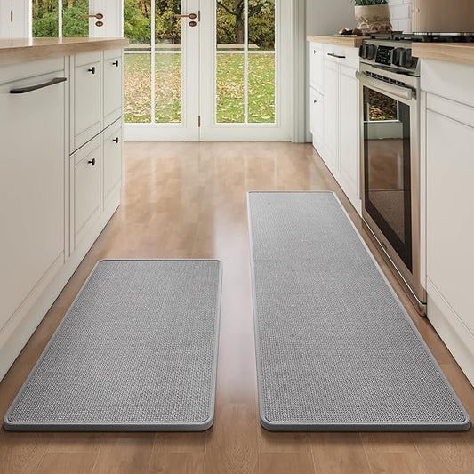 YDKGL Kitchen Mat Kitchen Rugs Sets of 2 PCS Non Slip Washable, Linen-Like 0.3" Thick Cushioned Absorbent Kitchen Mats for Floor, Mild Anti-Fatigue Sink Laundry Standing Mat, Gray 17"x30"+17"x59"