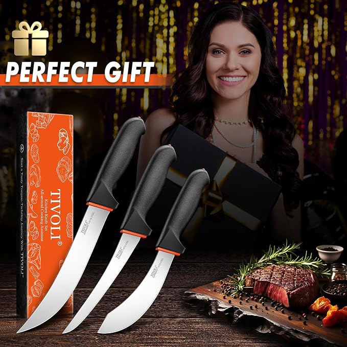 TIVOLI Butcher Knife Set 3pcs - Game Processing Knife Set with Gift Box - Non-Slip Softgrip & German Stainless Steel - Skinning Boning Trimming Knives for Meat - Gifts for Men and Women
