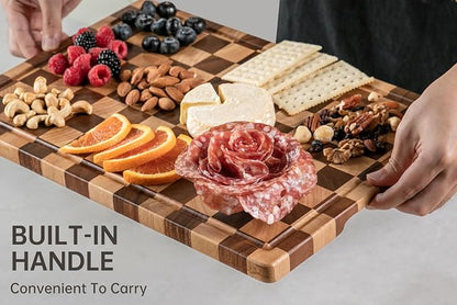 THETCHRY Cutting Boards for Kitchen, Checkered Wood Cutting Board, Walnut Chopping Board with Juice Grooves & Handles, Butcher Block Serving Tray with Gift Box 16.5" x 11.6" x 0.8"