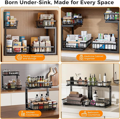 Under Sink Organizer,2 Pack Under Kitchen Sink Organizer,2 Tier Sliding-Out,5 Level Height Adjustable,Thickened Carbon Steel,Anti-Rust Treatment,for Kitchen Bathroom Black