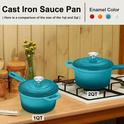 2 Quart Saucepan with Lid, Leonyo Enameled Cast Iron Sauce Pan, Cast Iron Pot and Pan Dutch Oven Induction Cookware for All Cooktops Cooking Soup, Milk, Paste- Up to 500°F & 6.7Lbs, Lake Green