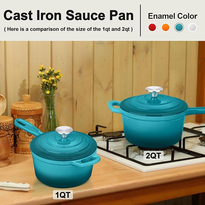 1 Quart Cast Iron Saucepan, Leonyo Enameled Sauce Pan with Lid, Enamel Cast Iron Dutch Oven Cooking Stock Pots and Pan Set Kitchen Cookware Appliances for All Cooktops - Up to 500°F, Lake Green