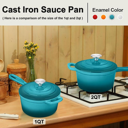 1 Quart Cast Iron Saucepan, Leonyo Enameled Sauce Pan with Lid, Enamel Cast Iron Dutch Oven Cooking Stock Pots and Pan Set Kitchen Cookware Appliances for All Cooktops - Up to 500°F, Lake Green
