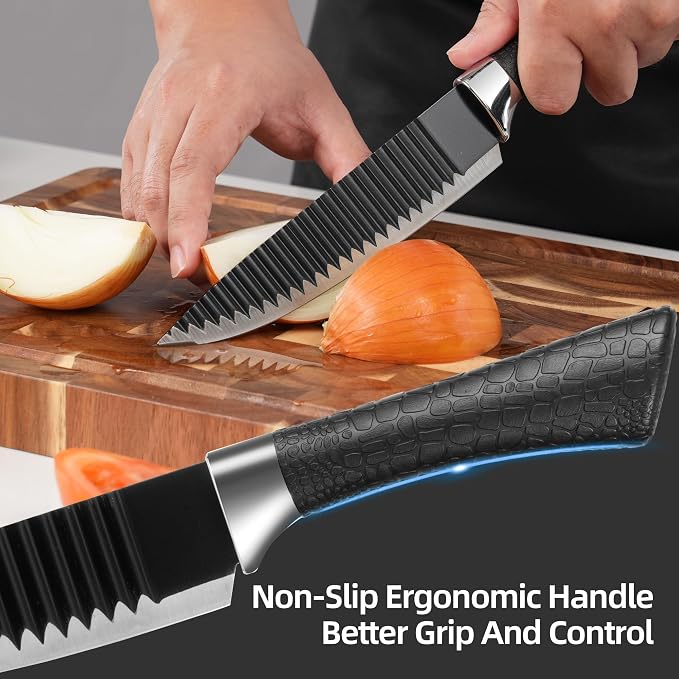 TJ POP 6-Piece Kitchen Knife Set, Non-Stick Coated Wavy-Grained Stainless Steel Blades, Non-Slip Ergonomic Handle, Lightweight Rustproof Sharp Chef's Knives for Home Cooking Restaurant Camping, Black