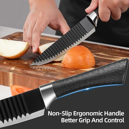 TJ POP 6-Piece Kitchen Knife Set, Non-Stick Coated Wavy-Grained Stainless Steel Blades, Non-Slip Ergonomic Handle, Lightweight Rustproof Sharp Chef's Knives for Home Cooking Restaurant Camping, Black